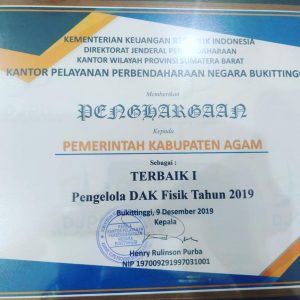 Agam Terbaik I Pengelola DAK Fisik 2019